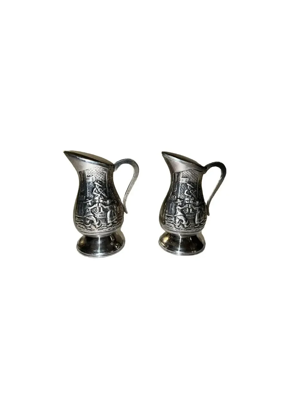 Salt Pepper Shakers Fiddle Dance Drinking Motif on Pitcher Silverplate  VINTAGE
